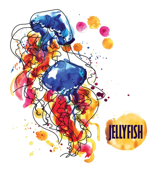 Parlak renkli suluboya denizanası . Suluboya lekelerinin arka planında elin vektör görüntüsü .