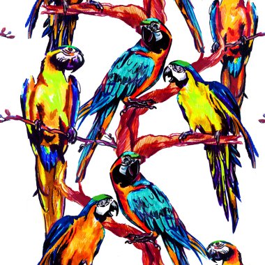 Papağan ile egzotik renkli desen . Ara bir dal üzerinde oturuyor . Dikişsiz desen .