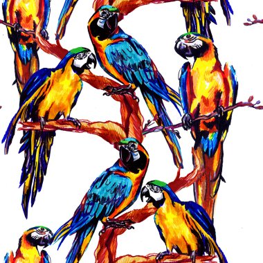 Papağan ile egzotik renkli desen . Ara bir dal üzerinde oturuyor . Dikişsiz desen .