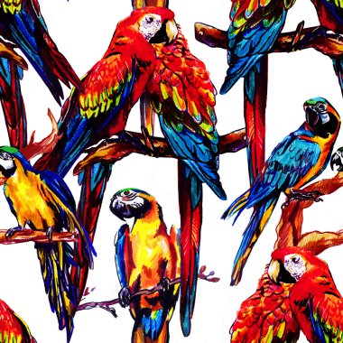 Papağan ile egzotik renkli desen . Ara bir dal üzerinde oturuyor . Dikişsiz desen .