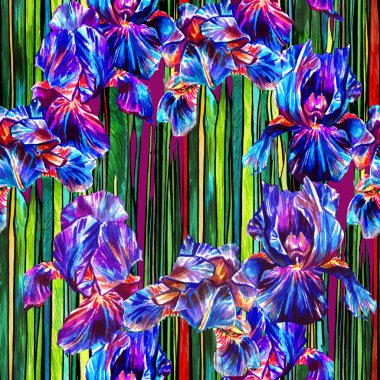 Çiçeklerile parlak renkli dikişsiz desen . dekoratif elemanları ile iris çiçekler .