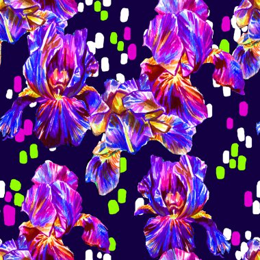 Çiçeklerile parlak renkli dikişsiz desen . dekoratif elemanları ile iris çiçekler .