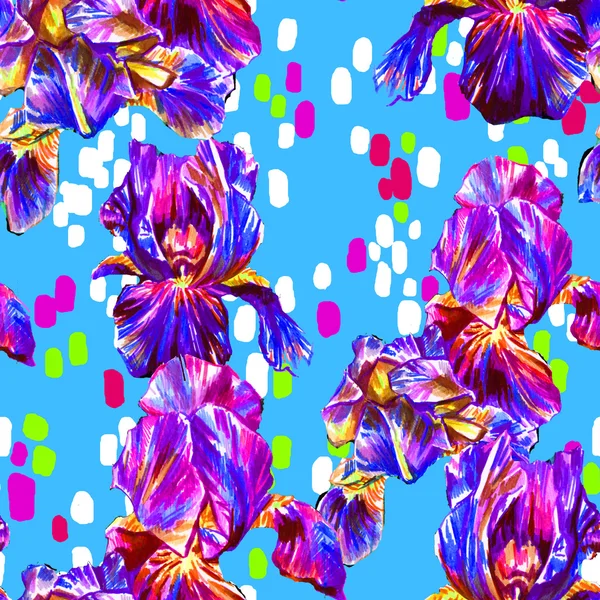 Çiçeklerile parlak renkli dikişsiz desen . dekoratif elemanları ile iris çiçekler .