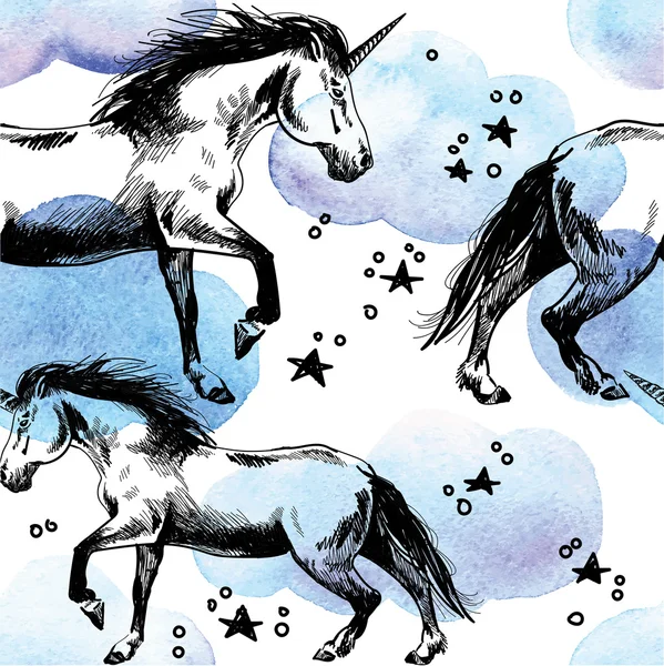 Tek boynuzlu atlar, bulutlar ve yıldız ile Seamless Modeli.