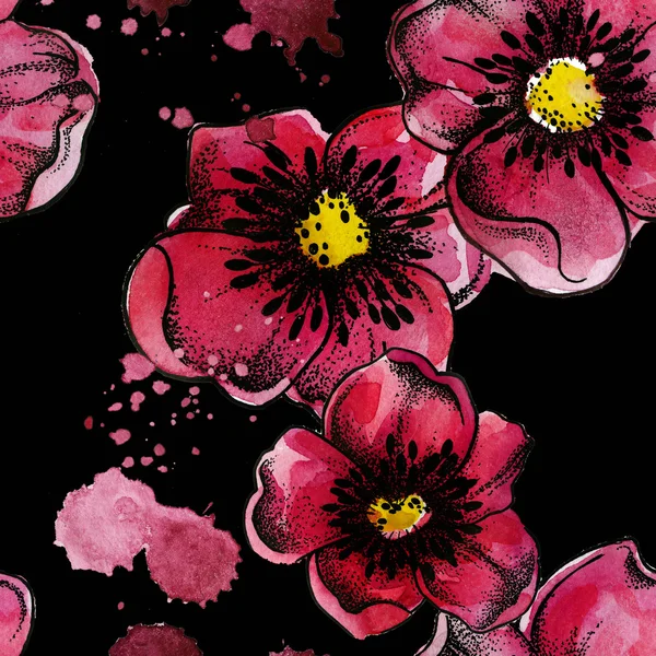 siyah bir zemin üzerine haşhaş çiçekli desen