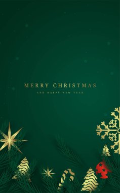 Şatafatlı bir Noel kutlaması afişi altın yıldızlar, kar taneleri ve koyu yeşil bir arka plan etrafında süsleri sergiliyor. Bir Noel pankart vektörü tasarımı