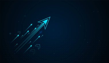 Parlak, modern bir ok, liderlik temalarını, yükselen veri eğilimlerini ve ileri teknoloji gelişimini gösteren daha küçük bir ok grubunu yukarı doğru yönlendiriyor. İş ve Finans