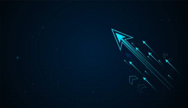 Neon aksanlı yüksek teknoloji ürünü bir ok, görsel olarak ilerlemeyi tasvir eden, yukarı doğru analitik ve dijital sistemlerin hızlı evrimi. Vektör illüstrasyon Tasarımı