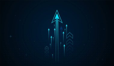 Büyümeyi, ivmeyi ve ilerleyen teknolojik ilerlemeyi sembolize eden birden fazla parlayan okla çevrili gelecekteki neon-mavi ok keskin bir şekilde yukarı doğru yükselir.