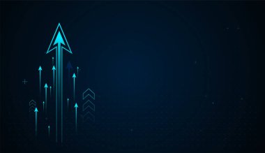 Parlayan oklar dijital dönüşümü, ivmeyi ve sürekli gelişmeyi simgeleyen karanlık teknoloji temalı bir arka plandan yükselir. Vektör illüstrasyonu