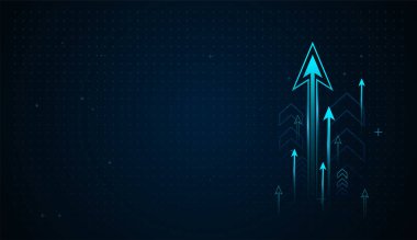 Teknoloji Arkaplanı İçin Yukarı Doğru Solumlar Açık Mavi Oklar Büyüyor, Çoklu neon okları eğri bir yörünge boyunca yukarı doğru yükseliyor, bu da ilerlemeyi hızlandırıyor