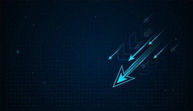 Eğimli oklar dijital arkaplanda gökyüzüne doğru ilerlemeyi, gelişmeyi ve artan performansı vurguluyor. Yukarı Solumlar Açık Mavi Oklar Büyüyor