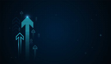 Çoklu neon okları yukarı doğru yükselir, yeniliği sembolize eder, gelişim, mavi çizgilerin büyümesi ve yükselen grafiklerden oluşan Mavi Parlayan Ok Işık Arkaplanı