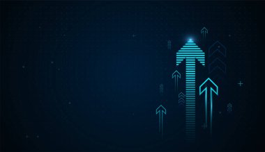 Parlayan mavi oklar senkronize bir şekilde yukarı hareket ederek veri odaklı başarının özünü yakalıyor. Çoklu neon okları yukarı, büyüme ve yükselen grafikler