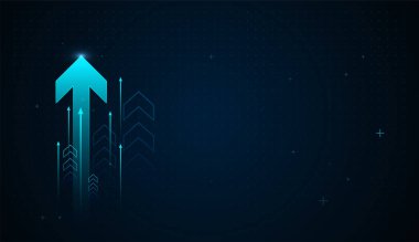 Parlak dijital oklar yukarı doğru yükselirler, merkezde parlayan baskın bir ok vardır, bu da büyük bir performans ve gelecekteki teknolojik gelişmeyi temsil eder. Vektör illüstrasyonu