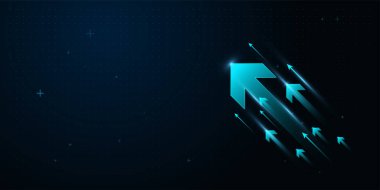 Bir Neon-Blue oku karanlık bir dijital alan boyunca hızla ilerler, hızlı gelişim, yenilik ve teknoloji güdümlü başarıyı ön plana çıkaran küçük oklardan oluşan bir iz bırakır..