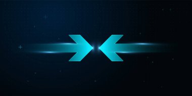 İki büyük ve ışıltılı ok, yüksek hızda yukarı doğru hareket eder, etrafı minyatür parlayan oklarla çevrili, noktalı teknoloji arka planı, büyüyen ok işareti kavramları