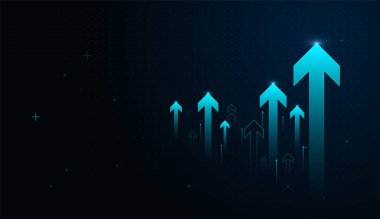 Çoklu mavi neon okları, yukarı doğru momentum, başarı ve veri gücüyle güçlendirilmiş ilerlemeyi gösteren karanlık bir dijital ızgaraya karşı yükselir. Teknoloji ve analitik için ideal