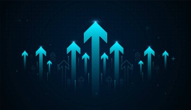 Arkaplanda yukarı doğru parlayan mavi oklar, teknoloji büyümesini, yeniliği ve performansı artırmayı simgeleyen dijital bir arkaplan. İş için mükemmel, parlayan mavi okla finans.