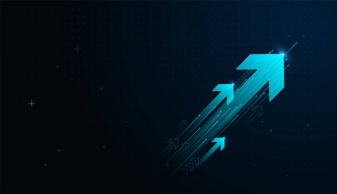 Yukarı bakan parlak mavi oklar, ivmeyi, dijital dönüşümü ve yükselen pozitif eğilimleri temsil ediyor. Sunumlar için harika.