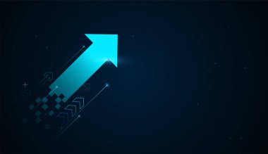 Dijital bloklardan yükselen parlak bir ok, teknoloji yoluyla finansal genişlemeyi temsil ediyor. Artan veri analizleri, ekonomik iyileşme ve akıllı büyüme için kullanılır