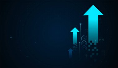 Dijital dönüşümün yol açtığı finansal büyüme kavramını yakalayan, pikselli verilerden yükselen mavi bir ok. Vektör ve İllüstrasyon Okları