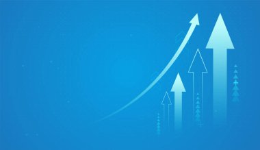 Yükselen oklar, artan bir eğilim çizgisi tarafından desteklenerek finansal başarıyı ve yatırım artışını gösteriyor. ve soyut mavi arkaplan ve oklar. vektör işi