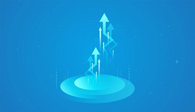 Birden fazla ok yukarı doğru hareket ediyor, artan kazanç, ekonomik iyileşme ve finans alanında veri odaklı karar verme mekanizmasını yansıtıyor. Finansal ilerlemenin gösterimi