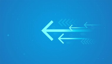 Dijital mavi arkaplanda sola hareket eden kalın oklar, piyasa gerilemeleri veya stratejik geri çekilmeler gibi finans ve iş dünyasında geriye dönük bir değişimi simgeliyor.