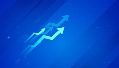 Parlak mavi oklar yukarı doğru hareket ediyor, pozitif iş eğilimlerini sembolize ediyor ve parlak oklar yükseliyor, pozitif projeksiyonları temsil ediyor.