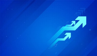 Pozitif piyasa performansını temsil eden yükselen okları gösteren modern bir iş grafiği. İşletme büyümesini simgeleyen dinamik bir mavi ok yukarı doğru yükselir.