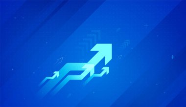 Abstract blue background with glowing arrows pointing up, highlighting economic expansion and success. A modern business graphic showing upward-trending arrows