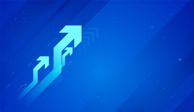 Yukarı doğru yükselen parlak mavi oklar büyümeyi, ilerlemeyi ve güçlü finansal ivmeyi simgeliyor. Dinamik mavi ok yukarı doğru yükseliyor, iş büyümesini sembolize ediyor