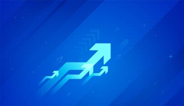 Abstract blue background with glowing arrows pointing up, highlighting economic expansion and success. A modern business graphic showing upward-trending arrows