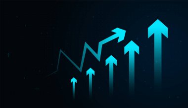 Yüksek teknolojili mavi oklardan oluşan bir çizelge, yatırım kazanımlarını ve rekabetçi avantajları gösteriyor. Çoklu mavi oklar birlikte tırmanıyor, takım çalışmasını yansıtıyor, işlemleri ölçeklendiriyor