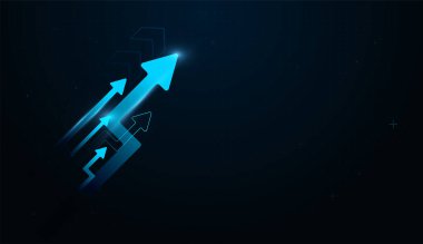 A Groups of Ne-on trails behind the arrows suggest momentum, innovation, and technology-driven business strategy. Compact arrows follow the main one, indicating team alignment