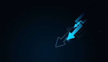 Parlak neon okları aşağı doğru, iş büyümesini, stratejik ilerlemeyi ve artan performansı temsil ediyor. Yukarı doğru bir dinamik ok grafiği gelir artışını simgeler