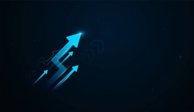 A Modern Multiple glowing arrows climb diagonally, representing rising profits and accelerating performance. with Futuristic blue arrows soaring upward, symbolizing powerful finances
