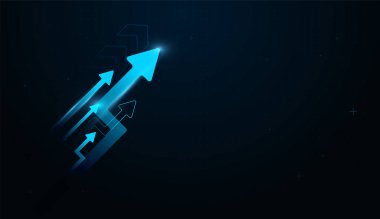 A Groups of Ne-on trails behind the arrows suggest momentum, innovation, and technology-driven business strategy. Compact arrows follow the main one, indicating team alignment