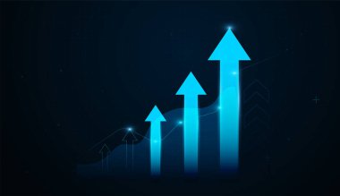 Oklar, istikrarlı bir finansal büyüme ve olumlu piyasa performansını temsil ederek adım adım yükseliyor. Gelecekçi mavi oklarla yukarı doğru yükselen kavramlarla