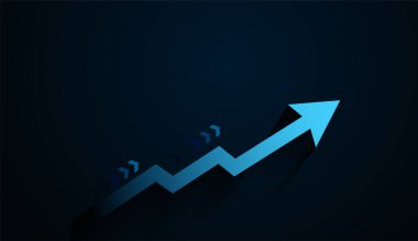 Keskin mavi ok çapraz tırmanıyor, patlayıcı finansal büyüme ve piyasa ivmesini simgeliyor. Mavi arkaplanda beyaz rengin geliştirildiği bir grafik oku