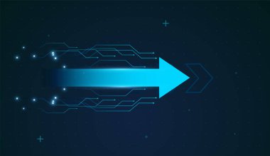 Parlayan mavi bir dijital ok, teknolojinin yol açtığı finansal büyümeyi sembolize eden devreler gibi yukarı doğru yükseliyor. Neon devre desenleri kalın okları yukarı doğru çerçeveler
