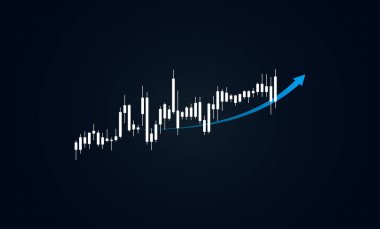 Finansal ticaret grafiği fiyat dalgalanmalarını ve olumlu bir eğilim yönünü gösteriyor. İş büyümesini sembolize ediyor. Dijital şamdan grafik kavramlarıyla