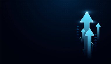 Mavi parlayan oklar, yenilik güdümlü büyüme grafiklerini temsil eden, yukarı doğru dinamik bir hareket yaratır. Ve birden fazla parlayan mavi oklar yukarıya doğru uzanıyor. Güçlü büyümeyi simgeliyor.