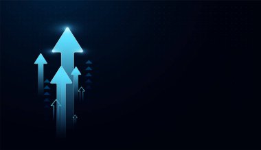 Yukarı doğru istiflenmiş mavi oklar ışık saçıyor, gelecekteki başarılara doğru hızlı ilerlemeyi gösteriyor. Mavi tonlarda parlayan ok kümesi grafiksel büyüme ve piyasa yeniliğini görselleştirir