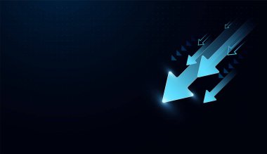 Gelecekçi mavi oklar aşağı doğru hafif izler bırakarak ilerleyişi ve aşağı yönlü eğilimleri gösteriyor. ve çoklu düşen mavi oklar aşağıya bakan konsepti gösteriyor.