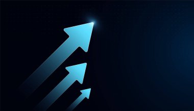 Parlak mavi ok yukarı doğru ilerlemeyi ve geleceğe odaklı yeniliği gösteriyor. Mavi ile parlayan ok yenilik ve büyüme kavramını temsil eder.