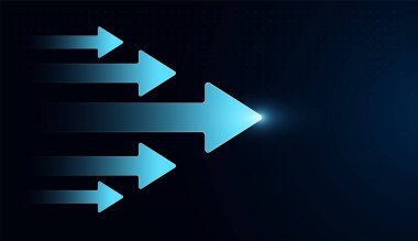 Beş güçlü ok, yenilik ve yukarı doğru büyümeyi simgeleyen parlak efektlerle ileri doğru işaret ediyor. Mavi ışıkta ileri doğru ok at