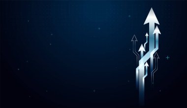 Üst üste binen oklar net bir gelecek artışına doğru yön ve hareket gösteriyor. Ve metalik mavi oklar büyümek için koyu mavi arka planda yön simgesi.