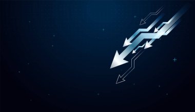 Finans ve iş dünyasının büyümesi için kullanılan koyu mavi arkaplanı işaret eden oklar, aşşağıya doğru ilerleyen yenilikçiliği temsil ediyor.